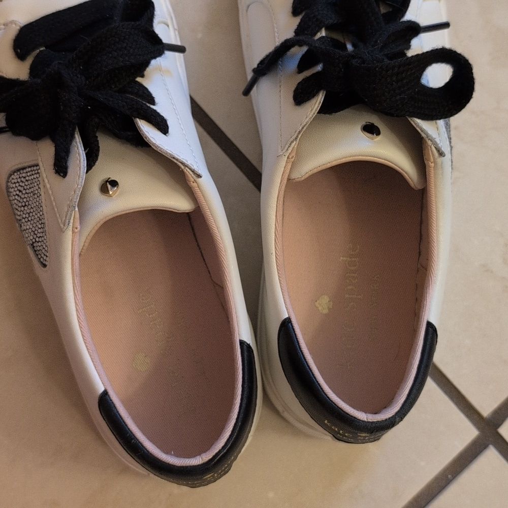 KATE SPADE Fez Glitz LEATHER Low Top SNEAKERS Rhinestone White Black Suede 11 - Picture 7 of 11